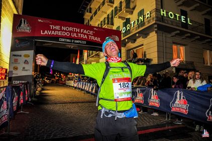   North Face® Lavaredo Ultra Trail Path-120 km:  Professor Ioannis Bayios crossing the finish line in 23 hrs, 3 min and 49 sec, way before the 30 hour time limit.  (Path: https://www.ultratrail.it/en/path.html) 